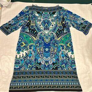 Sandra Darren Blue, Green and White Paisley Midi Shift Dress